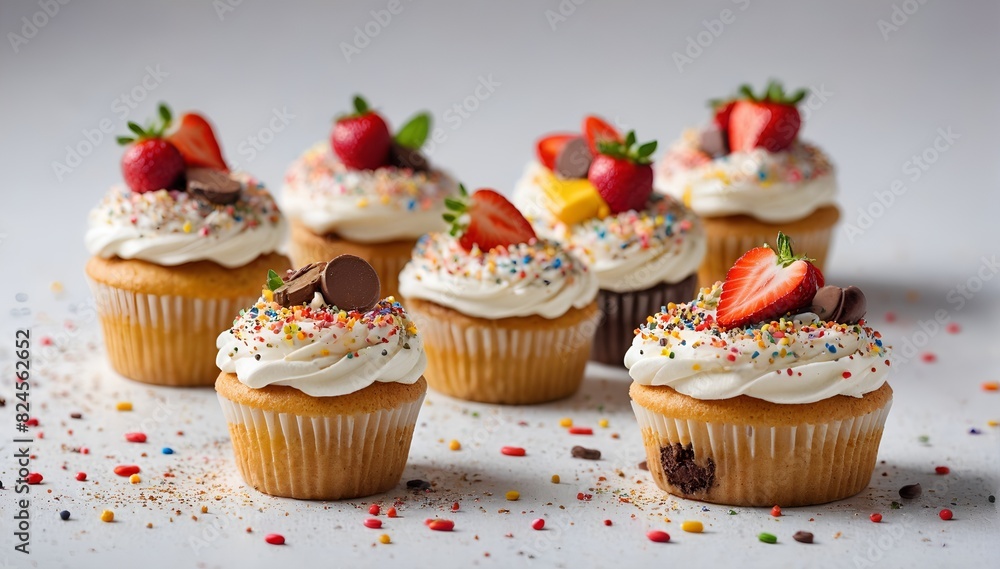 Delicious Cupcakes with Sprinkles and Strawberries, Arranged in a Row on a Table Delicious Cupcakes with Sprinkles and Strawberries, Arranged in a Row on a Table