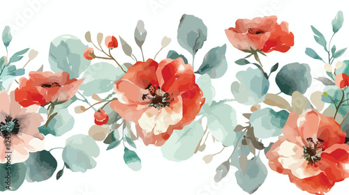Watercolour Floral Bouquets Green Red Flowers Spring