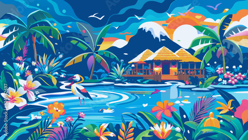 Tropical Paradise Landscape with Exotic Flora and Fauna Illustration. Vector illustration of Hush Vacation
