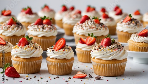 Delicious Cupcakes with Whipped Cream and Fresh Strawberries