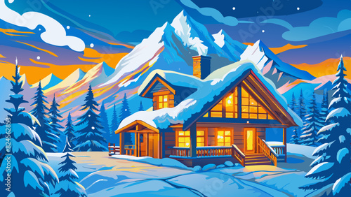 Idyllic Winter Cabin in Snowy Mountain Landscape at Dusk. Vector illustration of Hush Vacation