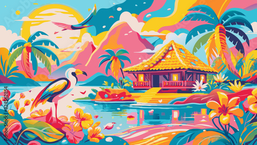 Tropical Paradise Escape: Exotic Island, Vibrant Flora, Serene Waters. Vector illustration of Hush Vacation