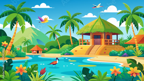Tropical Paradise Landscape with Exotic Bungalow and Lush Flora. Vector illustration of Hush Vacation