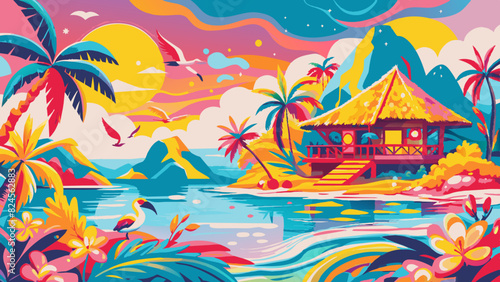 Tropical Paradise Island Sunset Illustration with Vibrant Colors. Vector illustration of Hush Vacation
