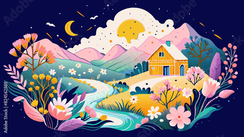 Enchanting Nighttime Countryside Landscape with Blooming Flowers and Cozy Cabin. Vector illustration of Hush Vacation