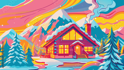 Vibrant Winter Cabin Retreat in Snowy Mountain Landscape. Vector illustration of Hush Vacation