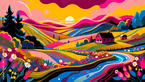 Vibrant Sunset Landscape with Countryside Home and Flowery Fields. Vector illustration of Hush Vacation