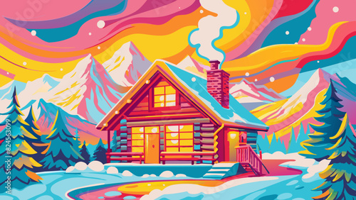 Vibrant Winter Cabin Scene with Northern Lights and Snowy Landscape. Vector illustration of Hush Vacation