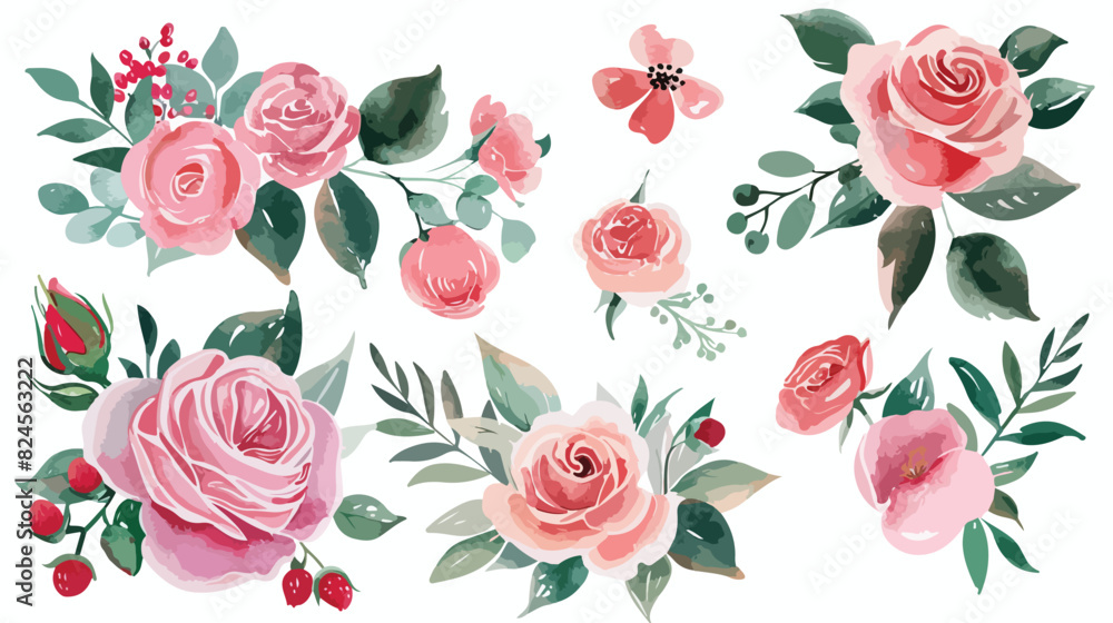Watercolour Floral Bouquets Pink Raspberry Roses Spri