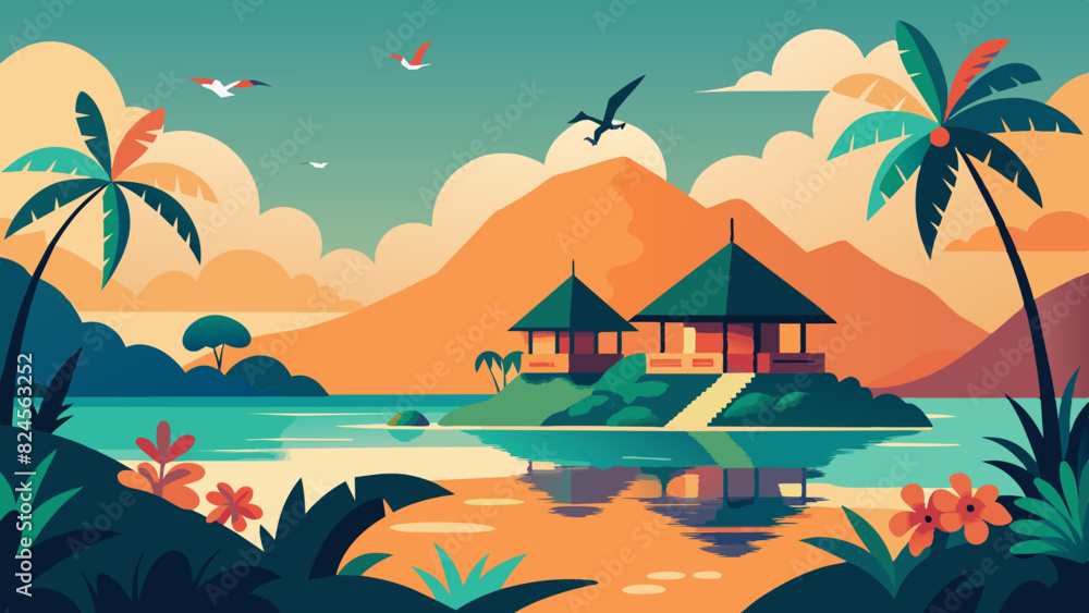 Tropical Paradise Getaway: Serene Lake, Lush Palms, and Distant Mountains. Vector illustration of Hush Vacation