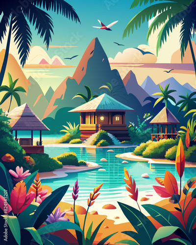 Serene Tropical Paradise with Lush Flora and Scenic Mountains. Vector illustration of Hush Vacation