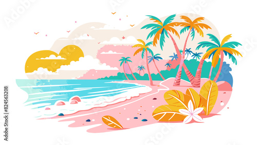 Tropical Beach Paradise Illustration with Vibrant Sunset. Vector illustration of Hush Vacation