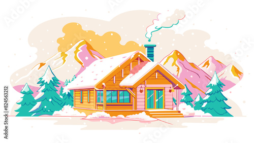 Winter Wonderland: Cozy Cabin in Snow-Covered Mountain Landscape. Vector illustration of Hush Vacation
