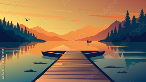 Serene Lake Sunset with Docked Boat and Mountain Landscape. Vector illustration of Hush Vacation