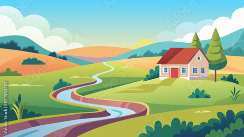 Idyllic Countryside Landscape with Cozy House and Rolling Hills. Vector illustration of Hush Vacation