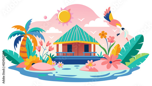 Tranquil Tropical Island Getaway with Vibrant Nature Illustration. Vector illustration of Hush Vacation