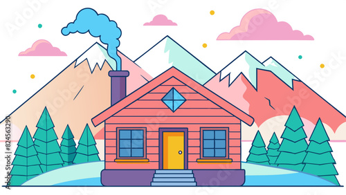 Idyllic Mountain Cabin Retreat Amidst Snowy Peaks and Pines. Vector illustration of Hush Vacation