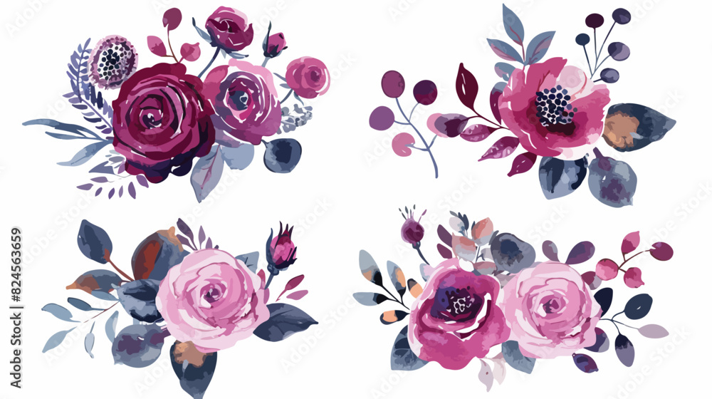 Watercolour Floral Bouquets Wine Pink Roses Summer Ar