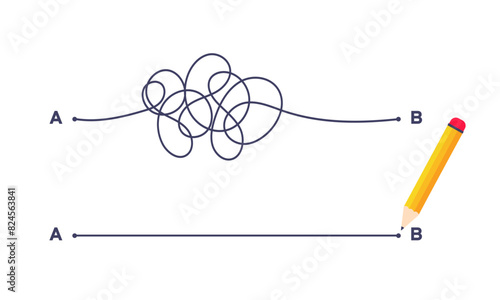 Complex and easy simple way from point A to B vector illustration. Chaos simplifying, problem solving and business solution searching challenge concept. Hand drawn doodle scribble chaos path lines.