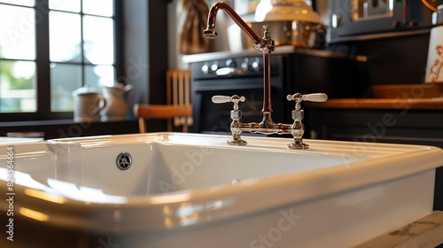 Vintage kitchen sink made of porcelain, close-up with isolated background, studio lighting highlighting its design and ease of cleaning for advertising