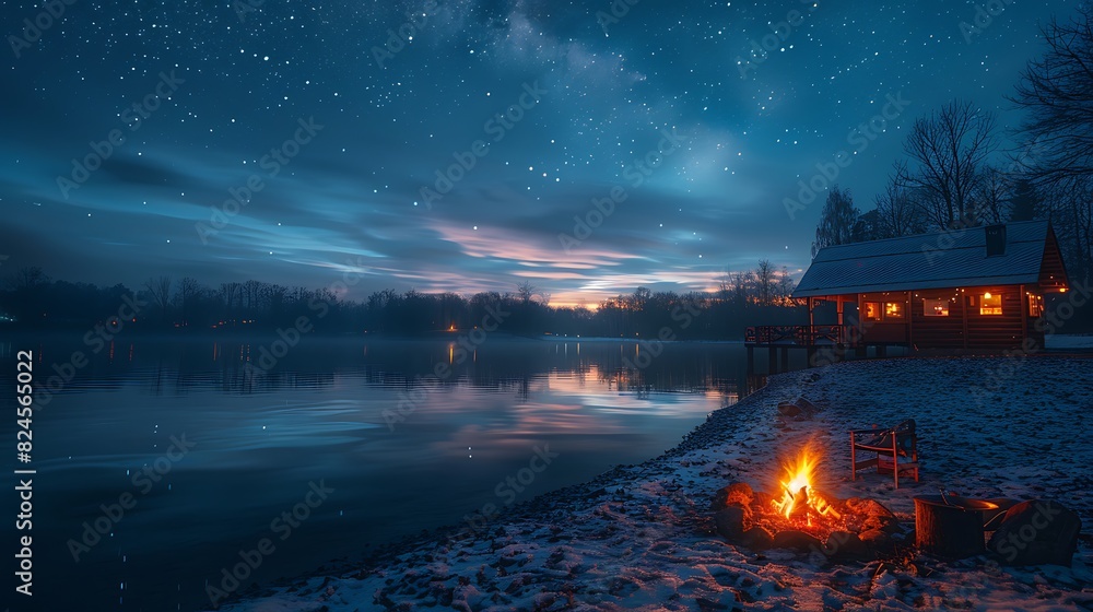 A serene lakeside scene provides the backdrop for a tranquil birthday celebration, with guests gathered around a flickering bonfire under a canopy of stars. 