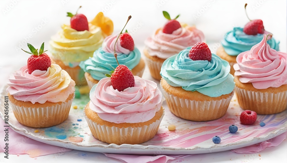 Delightful Assortment of Cupcakes with Colorful Icing and Fruit Decorations