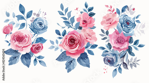 Watercolour Flowers Bouquets Pink Blue Roses Spring