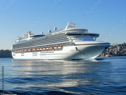 A large  luxurious cruise ship sails smoothly on calm waters with a clear blue sky in the background.