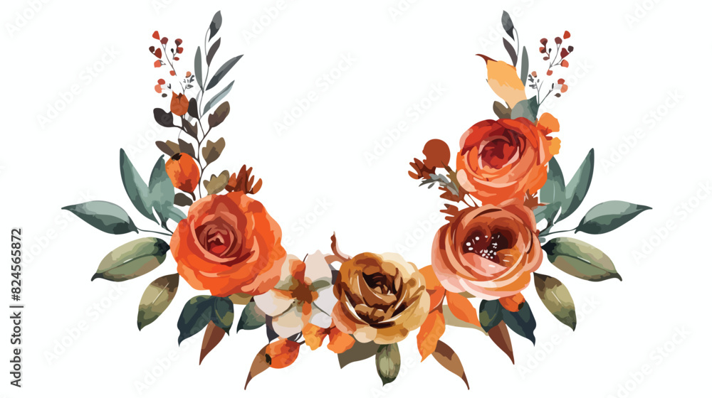 Watercolour Flowers Wreath Orange Green Roses Fall Art