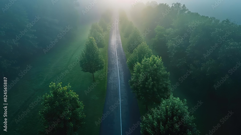 Aerial view of a misty road lined with lush green trees, disappearing ...