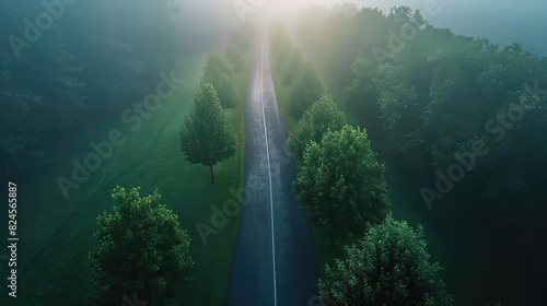 Aerial view of a misty road lined with lush green trees  disappearing into the horizon. Serene landscape with soft morning light.