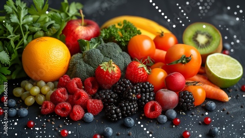 Fruits and vegetables isolated on black background.