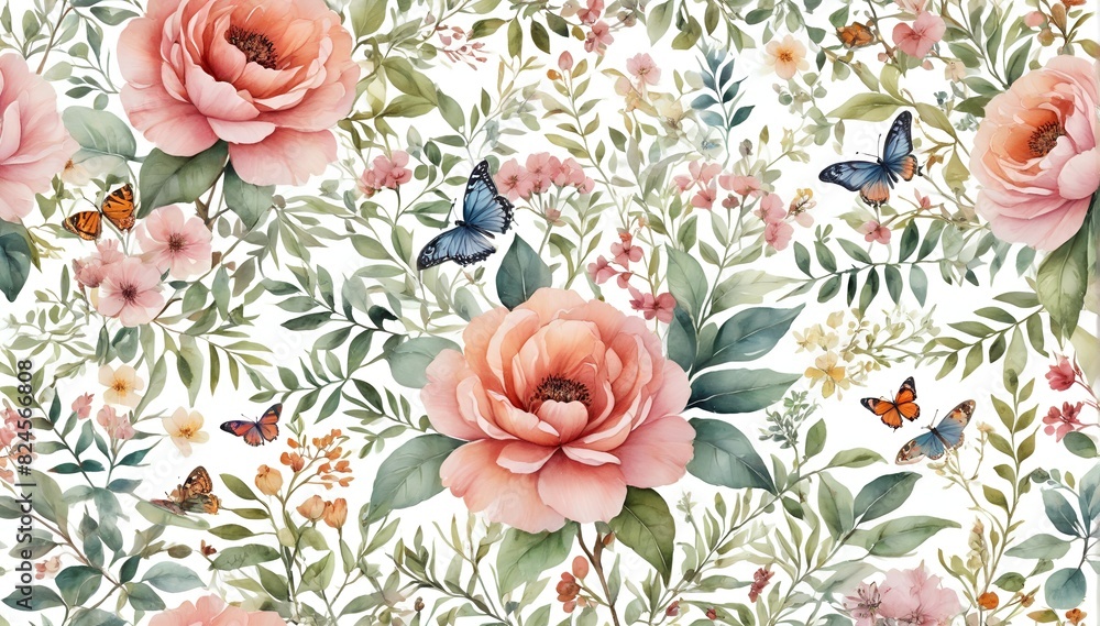 Floral and Butterfly Pattern with Peach and Pink Hues Floral and Butterfly Pattern with Peach and Pink Hues