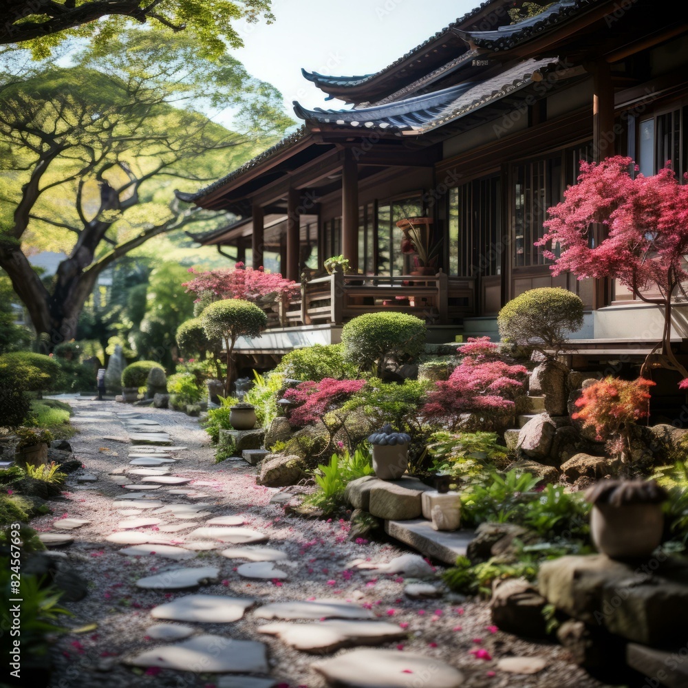 Tranquil Japanese Garden with Traditional House Tranquil Japanese Garden with Traditional House