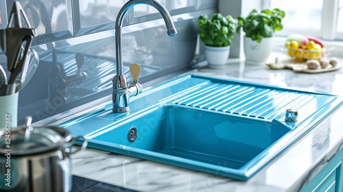 Stylish porcelain sink in a luxurious kitchen, close-up shot with isolated background, emphasizing its range of colors and durability for advertising