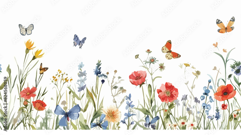 Wildflowers and butterflies floral illustration for