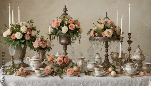 Elegant Wedding or Event Centerpiece with Floral Arrangements, Tableware, and Lit Candles