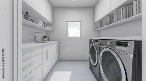 A minimalist laundry room with sleek  built-in storage solutions. White walls and stainless steel appliances create a clean and modern aesthetic. 