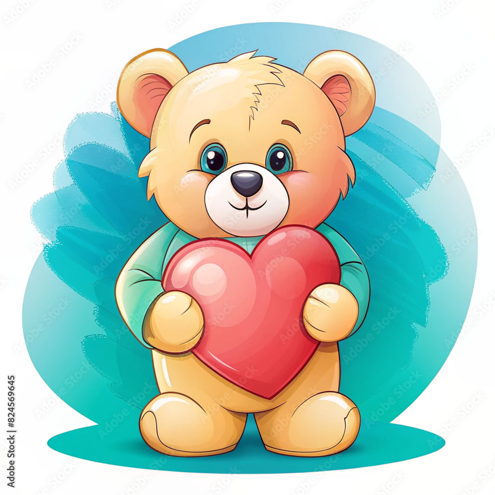 Obraz premium A cute cartoon teddy bear holding a red heart, sitting with a cheerful smile, conveying warmth, love, and affection.