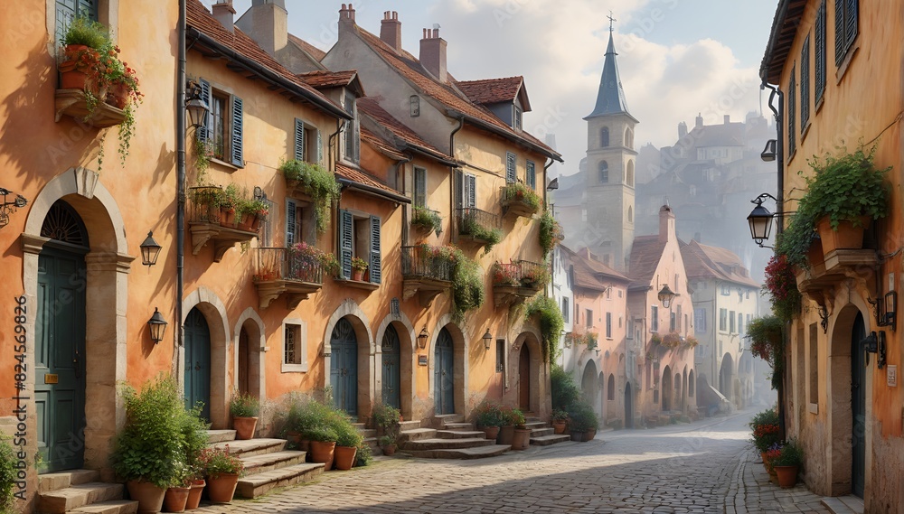 Naklejka premium A quaint European town street with colorful buildings, potted plants, and a picturesque atmosphere