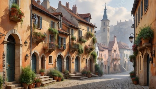 A quaint European town street with colorful buildings, potted plants, and a picturesque atmosphere photo
