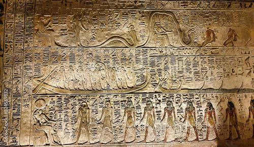 Wall relief showing opening details of the Book of Amduat, 7th hour in side chamber Jb in the Tomb of Seti I, KV17 at the Theban necropolis in the Valley of Kings in Luxor,Egypt photo