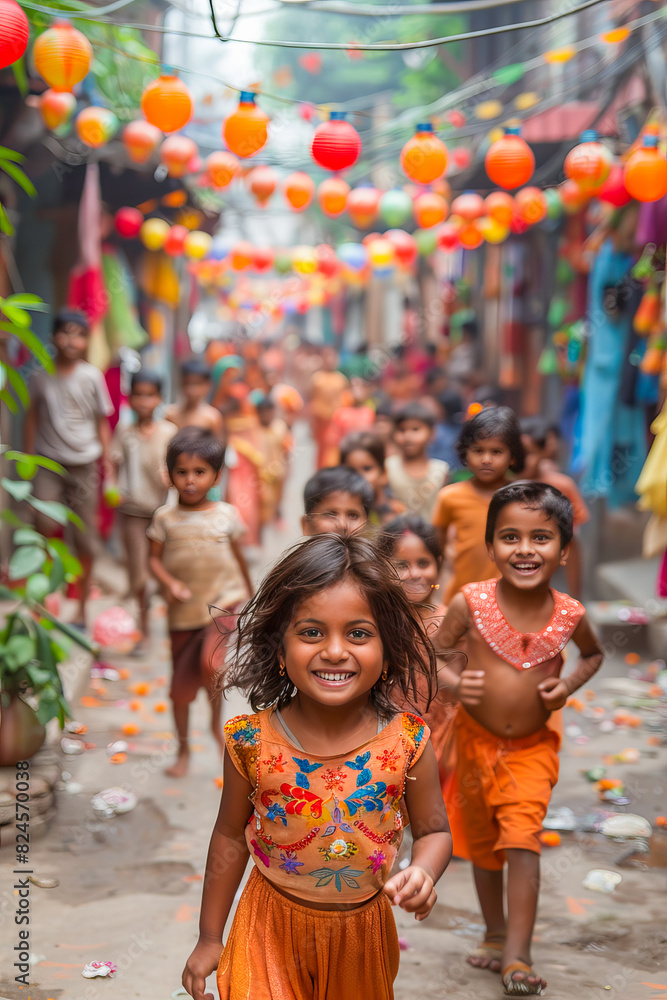 Joyful children playing in a colorful street festival