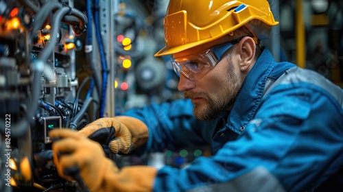 professional industrial electrician in safety work wear checking power consumption on tablet computer stock image