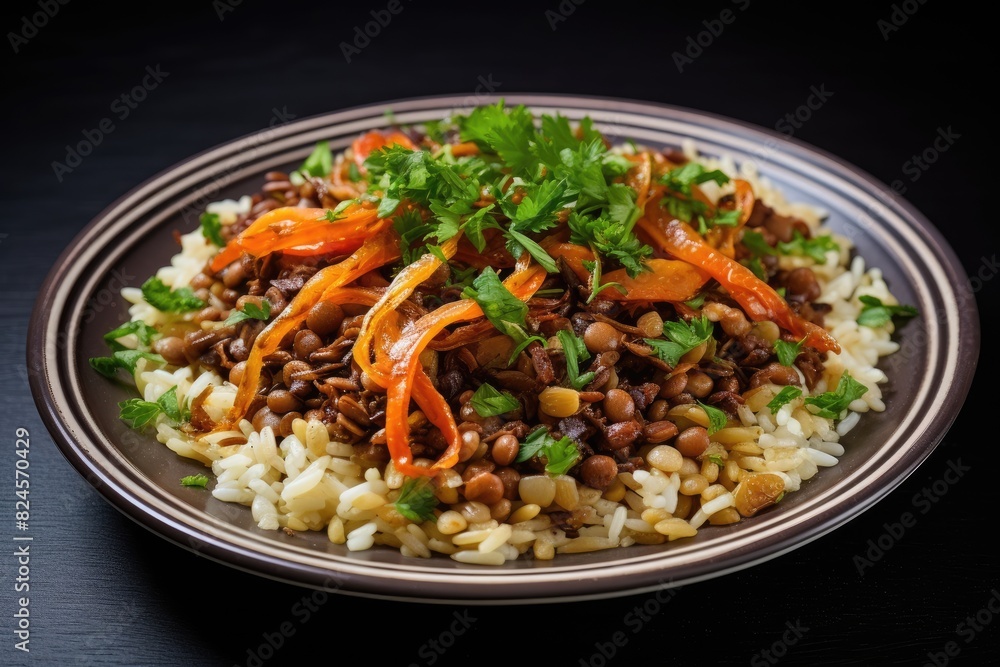 Egyptian koshari, a flavorful mix of rice, lentils, and pasta. Egyptian koshari, a flavorful mix of rice, lentils, and pasta.