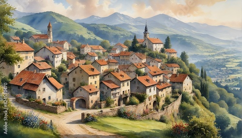 Tranquil Village Scene with Mountains