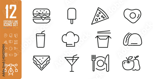 Set of 12 Food and Drink line icons set.