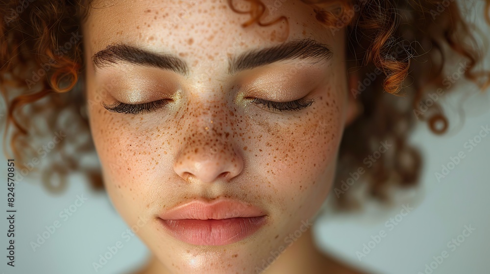 close up of freckles on mixed race woman with her eyes closed with illustration photo close up of freckles on mixed race woman with her eyes closed with illustration photo