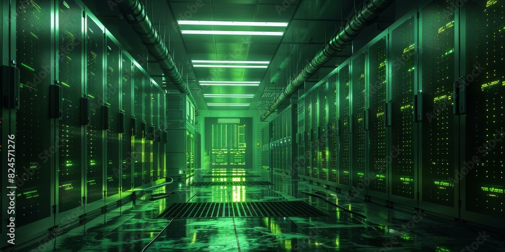 Green Server Room Interior With Rows Of Servers Green Server Room Interior With Rows Of Servers