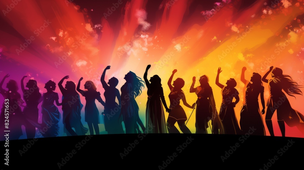 Empowerment in Diversity - Silhouettes of Women from Various Cultures Celebrating on Vibrant Multicolor Background